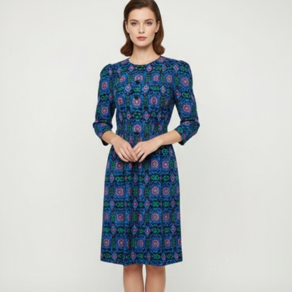 Vintage Adrianna Papell Blue Green Silk Dress Button Classic Colorful 6
